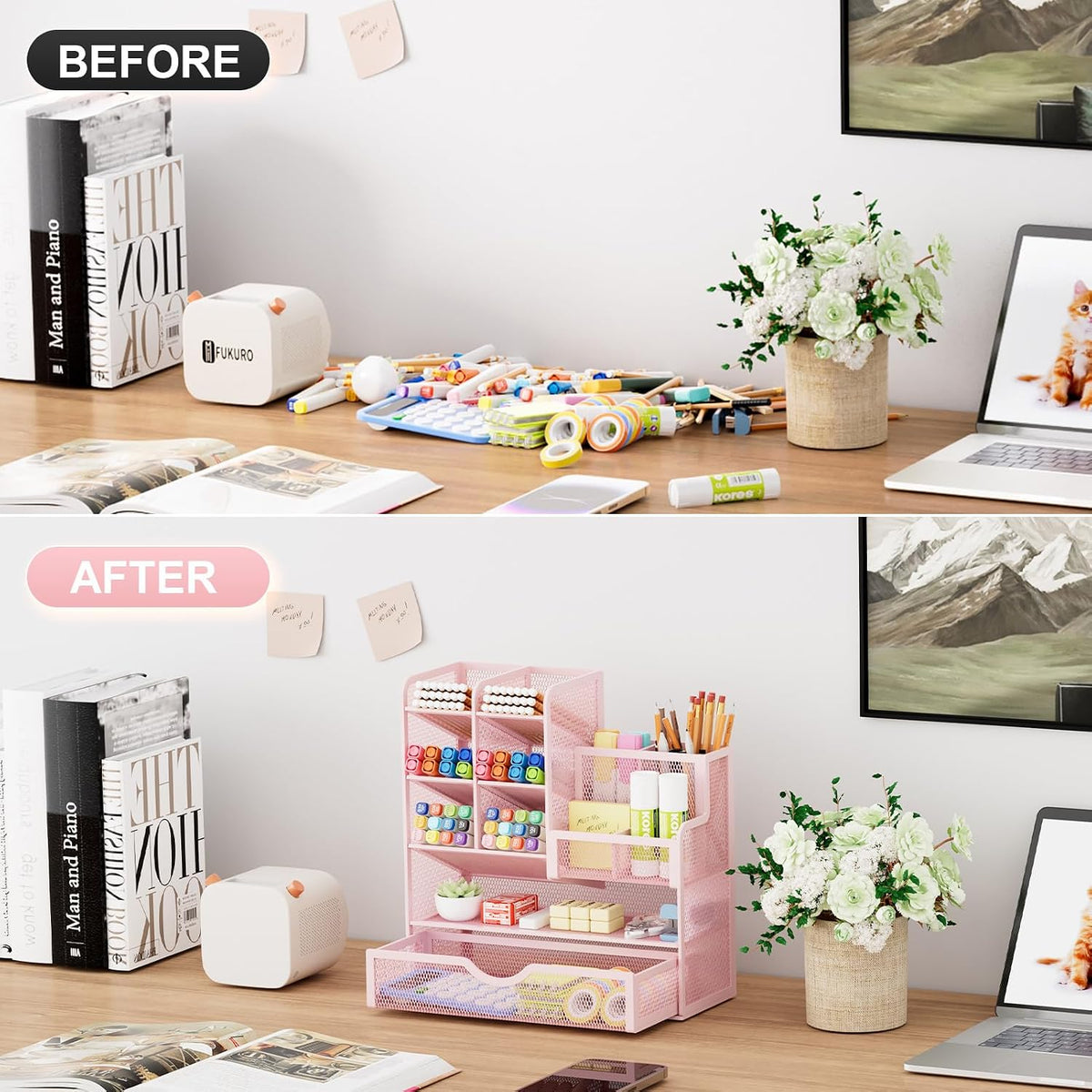 Mesh Desk Organizer with Drawer, Multi-Functional Pencil Organizer, 12 Compartments, Pink, Modern, Minimalist