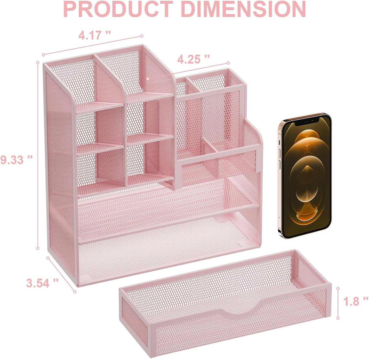 Mesh Desk Organizer with Drawer, Multi-Functional Pencil Organizer, 12 Compartments, Pink, Modern, Minimalist