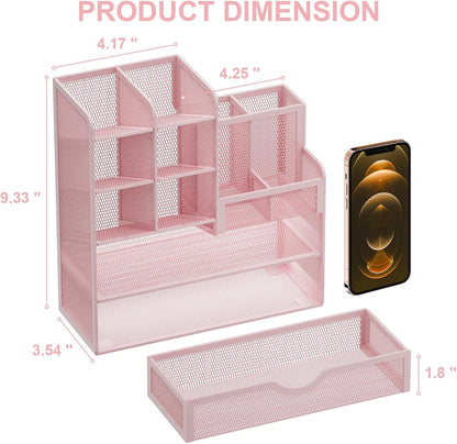 Mesh Desk Organizer with Drawer, Multi-Functional Pencil Organizer, 12 Compartments, Pink, Modern, Minimalist