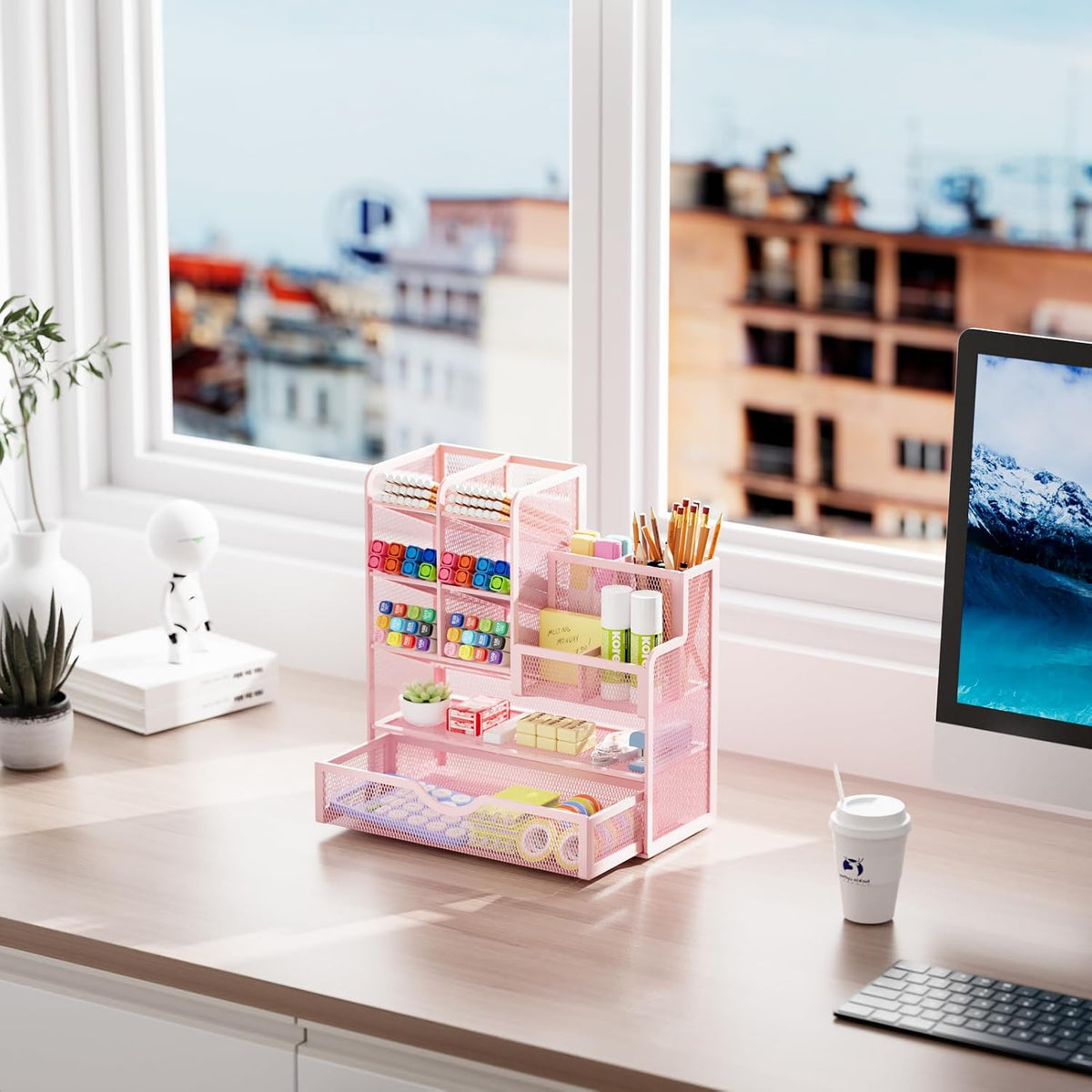 Mesh Desk Organizer with Drawer, Multi-Functional Pencil Organizer, 12 Compartments, Pink, Modern, Minimalist