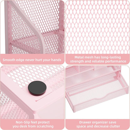 Mesh Desk Organizer with Drawer, Multi-Functional Pencil Organizer, 12 Compartments, Pink, Modern, Minimalist