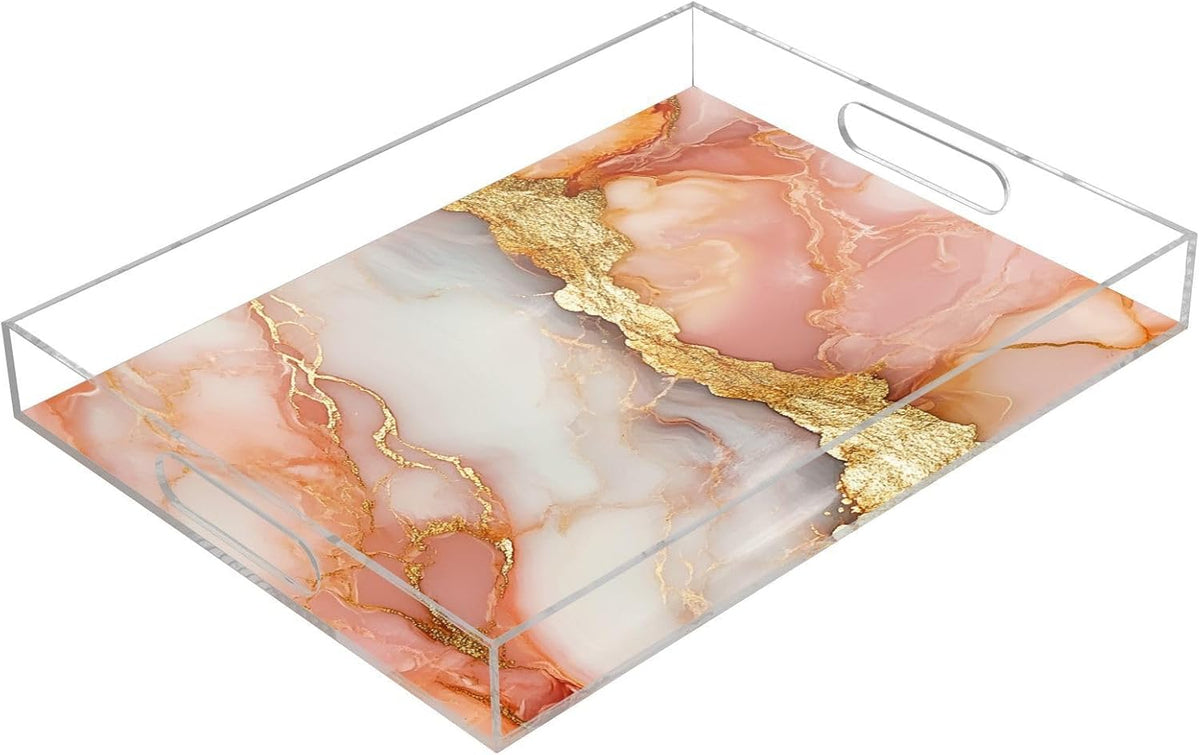 Acrylic Rectangle Tray Marble Peach White Acrylic Tray with Handles 12 x 16 Clear Acrylic Serving Tray Waterproof