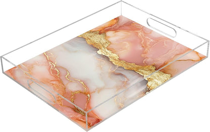 Acrylic Rectangle Tray Marble Peach White Acrylic Tray with Handles 12 x 16 Clear Acrylic Serving Tray Waterproof
