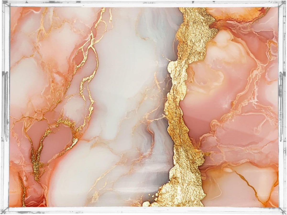 Acrylic Rectangle Tray Marble Peach White Acrylic Tray with Handles 12 x 16 Clear Acrylic Serving Tray Waterproof
