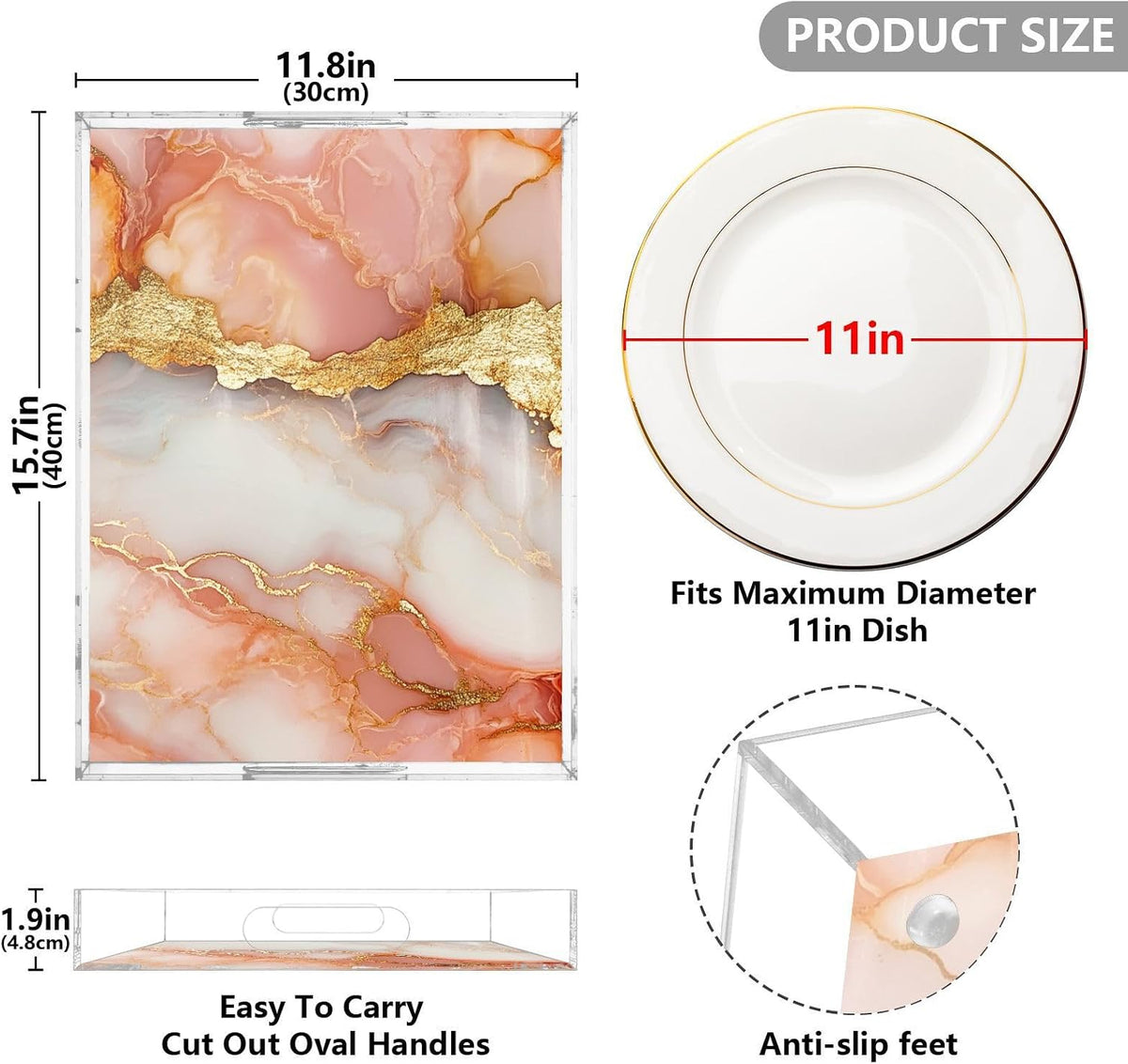 Acrylic Rectangle Tray Marble Peach White Acrylic Tray with Handles 12 x 16 Clear Acrylic Serving Tray Waterproof
