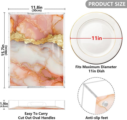 Acrylic Rectangle Tray Marble Peach White Acrylic Tray with Handles 12 x 16 Clear Acrylic Serving Tray Waterproof