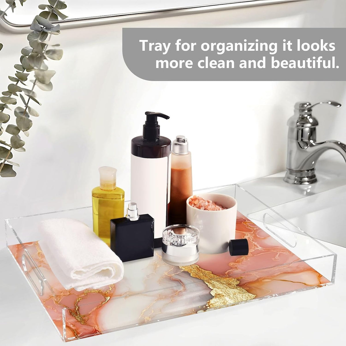 Acrylic Rectangle Tray Marble Peach White Acrylic Tray with Handles 12 x 16 Clear Acrylic Serving Tray Waterproof
