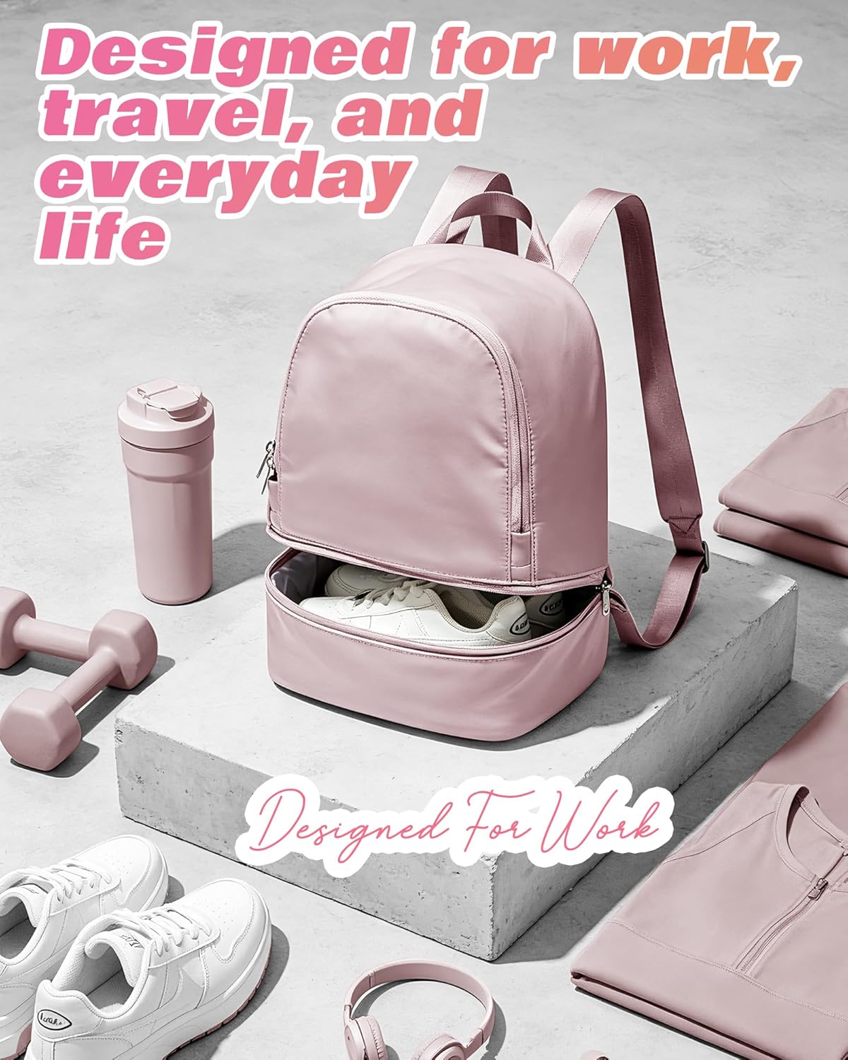 Small Office-to-Gym Backpack for Women with Shoes Compartment Pink