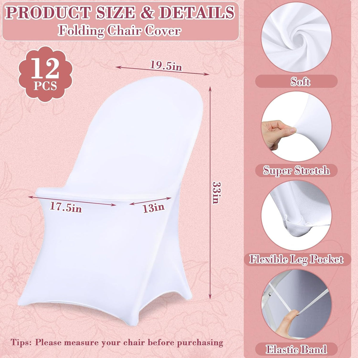 24 Pack Chair Covers with Sashes Spandex Stretch, Gray Pink