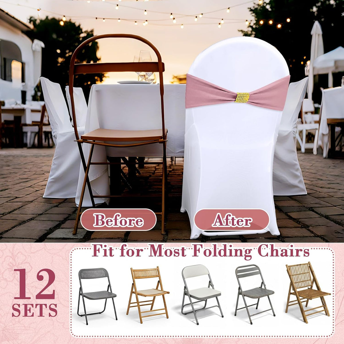 24 Pack Chair Covers with Sashes Spandex Stretch, Gray Pink