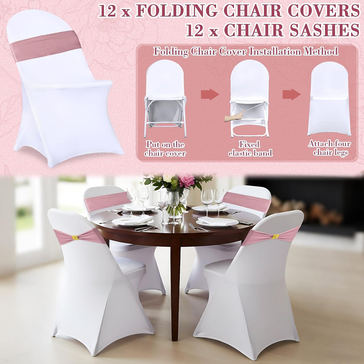 24 Pack Chair Covers with Sashes Spandex Stretch, Gray Pink