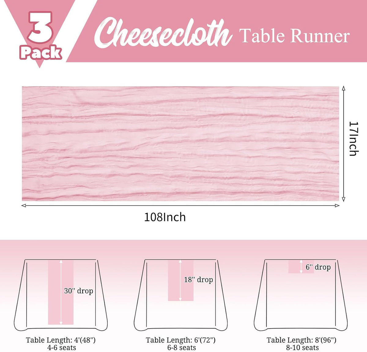 3 Pack Pink Cheesecloth Table Runner Boho Gauze Wedding Decor