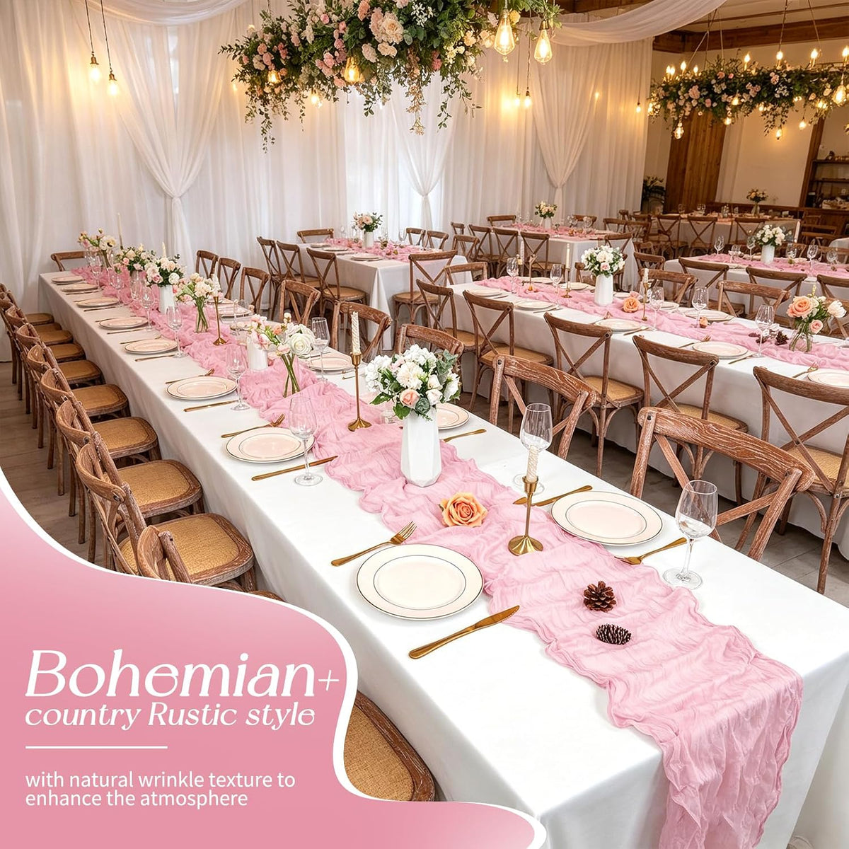 3 Pack Pink Cheesecloth Table Runner Boho Gauze Wedding Decor