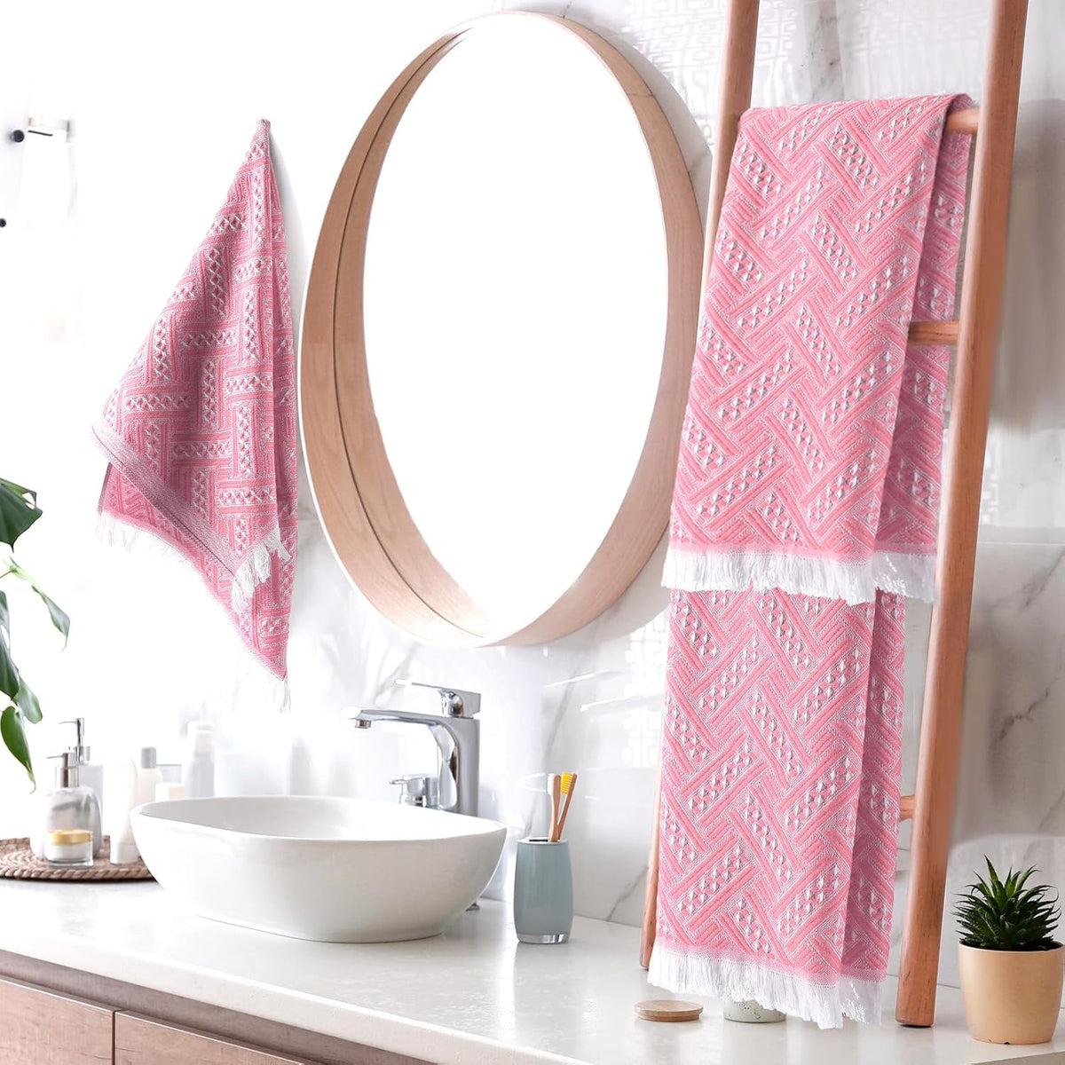 4 Pack Boho Hand Towel for Kitchen, Pink,White