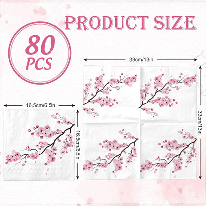 80Pcs Cherry Blossom Paper Napkins Pink Floral Disposable Napkin Spring Summer Flower Luncheon Dinner Hand Napkin for Wedding Birthday Baby Shower Party Supplies