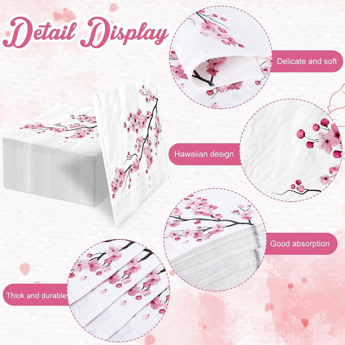 80Pcs Cherry Blossom Paper Napkins Pink Floral Disposable Napkin Spring Summer Flower Luncheon Dinner Hand Napkin for Wedding Birthday Baby Shower Party Supplies