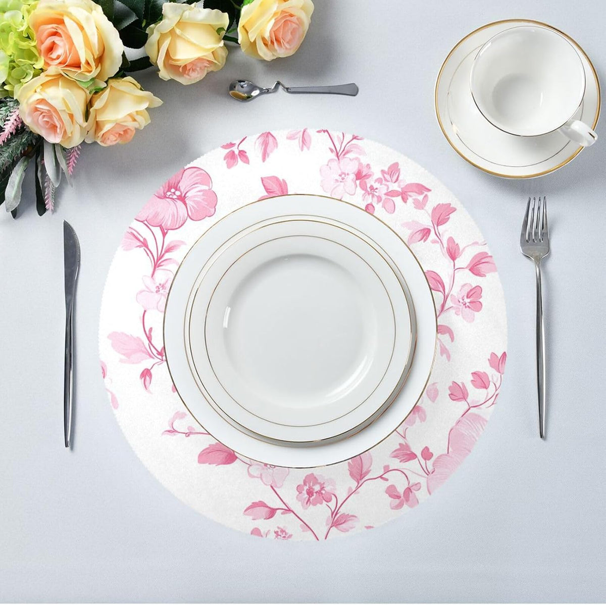 Floral Pattern Peach Round Place mats Reusable placemats platemates for Table Waterproof Place mat Table mats Set of 6 Round 15.4x15.4in