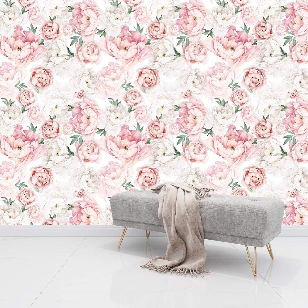 White Pink Peel and Stick Wallpaper Removable Peony Wall Paper