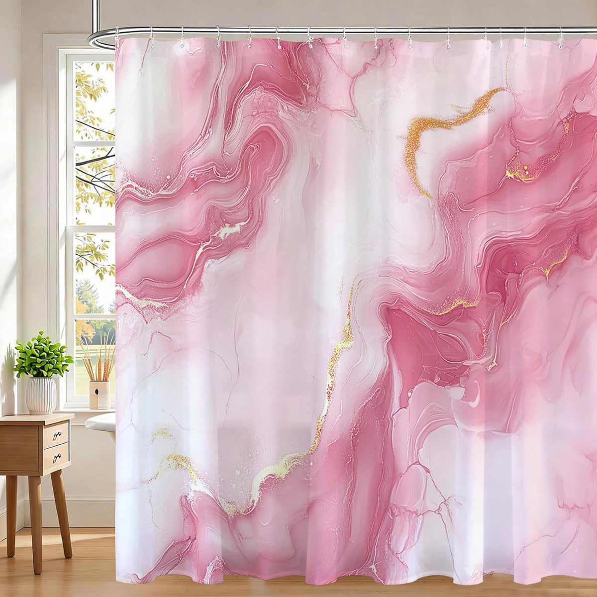 Pink Marble Shower Curtain Abstract Modern Luxury Marble Bathroom Shower Curtain Pink Marble Waterproof Fabric Shower Curtains Bathtub Decor with 12 Hooks 72 X 72 Inch (Pink)