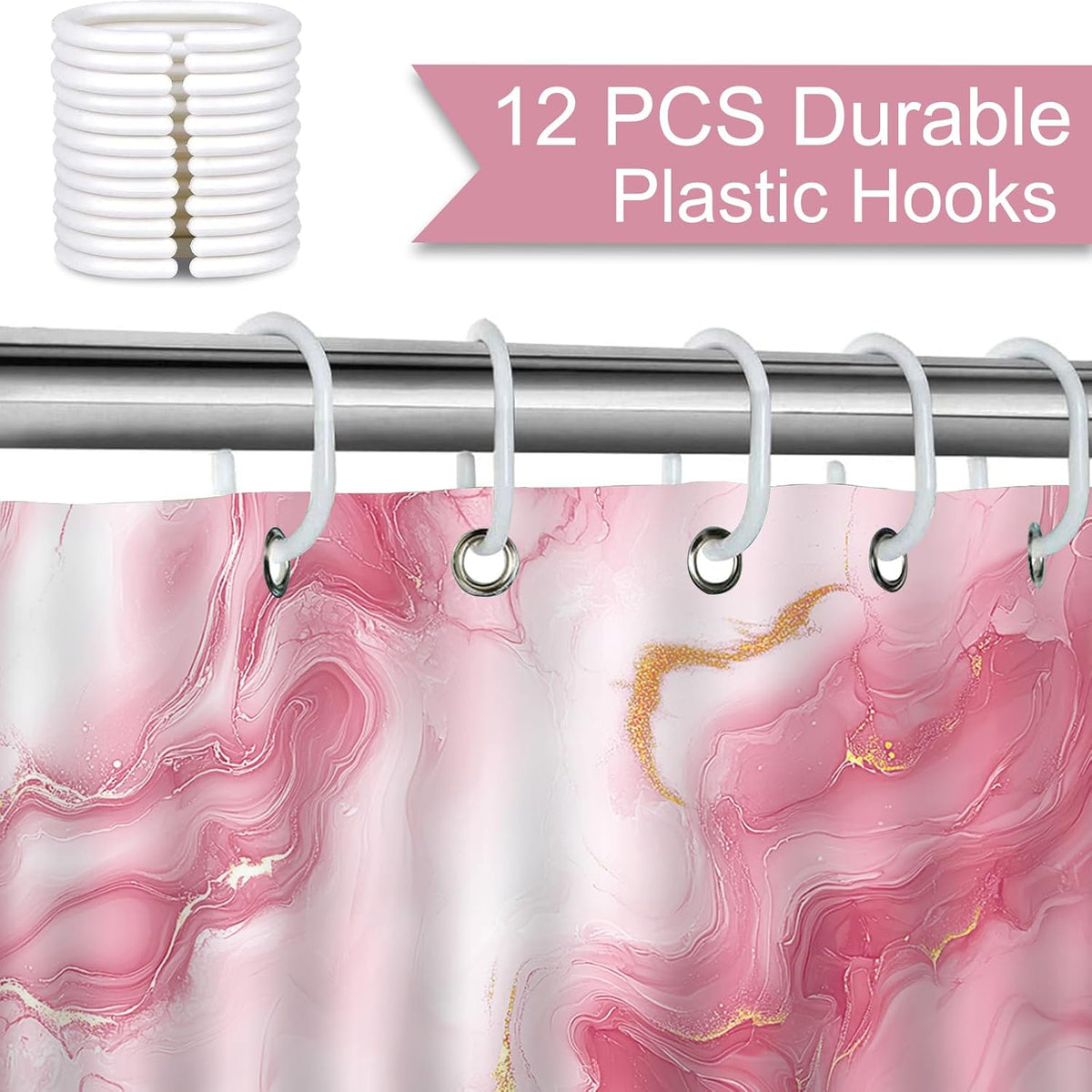 Pink Marble Shower Curtain Abstract Modern Luxury Marble Bathroom Shower Curtain Pink Marble Waterproof Fabric Shower Curtains Bathtub Decor with 12 Hooks 72 X 72 Inch (Pink)