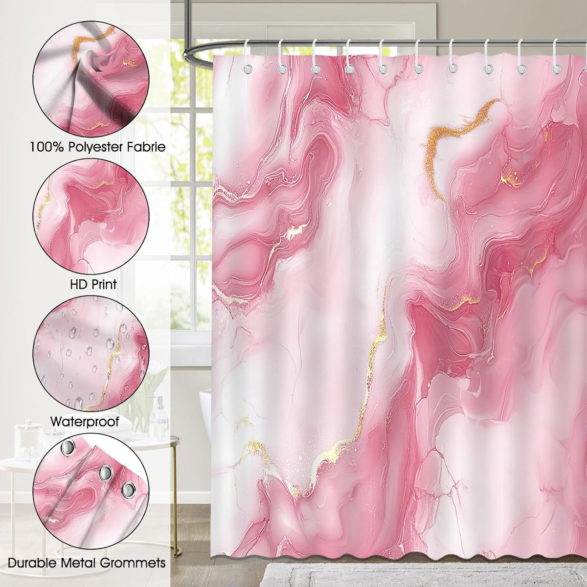 Pink Marble Shower Curtain Abstract Modern Luxury Marble Bathroom Shower Curtain Pink Marble Waterproof Fabric Shower Curtains Bathtub Decor with 12 Hooks 72 X 72 Inch (Pink)