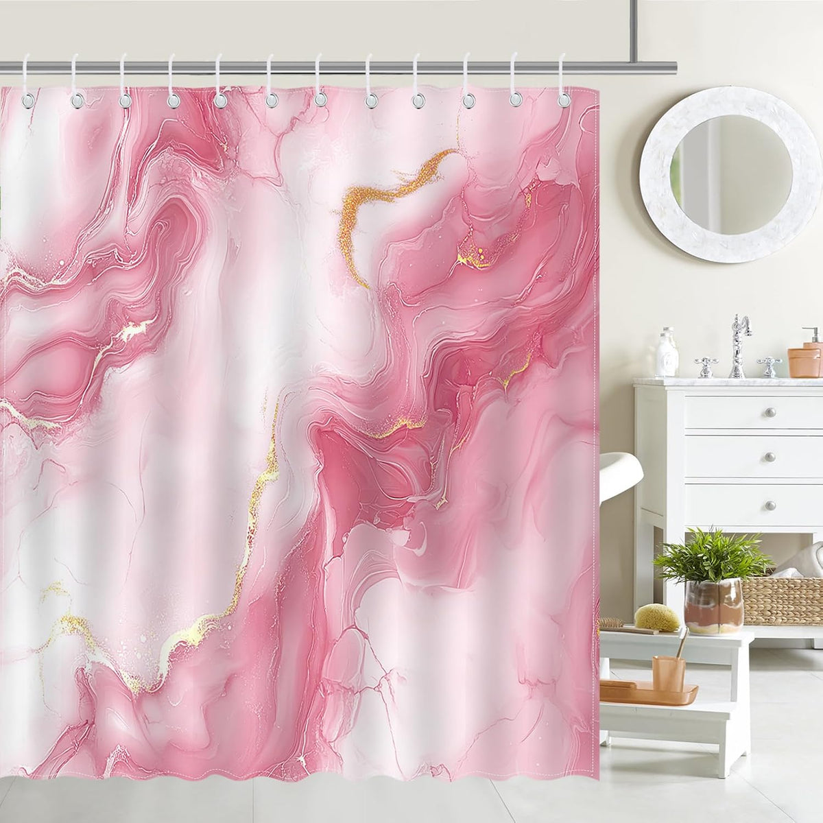 Pink Marble Shower Curtain Abstract Modern Luxury Marble Bathroom Shower Curtain Pink Marble Waterproof Fabric Shower Curtains Bathtub Decor with 12 Hooks 72 X 72 Inch (Pink)