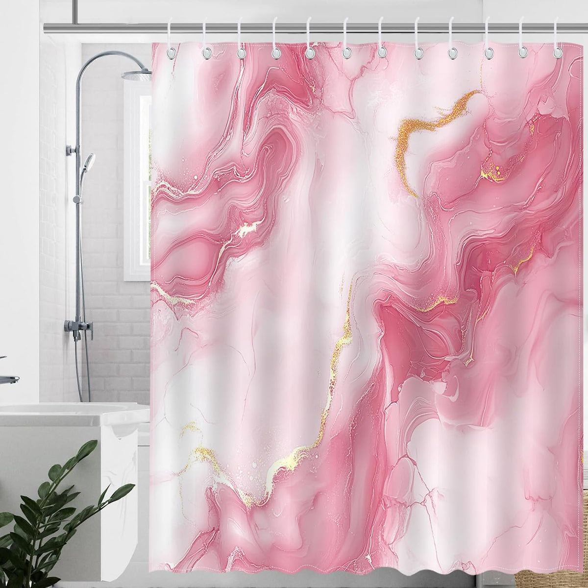 Pink Marble Shower Curtain Abstract Modern Luxury Marble Bathroom Shower Curtain Pink Marble Waterproof Fabric Shower Curtains Bathtub Decor with 12 Hooks 72 X 72 Inch (Pink)