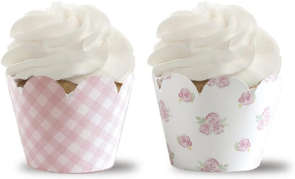 Pink Gingham and Pink Floral Cupcake Wrappers,Party Supplies,Baby Shower-36 Count