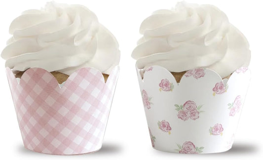 Pink Gingham and Pink Floral Cupcake Wrappers,Party Supplies,Baby Shower-36 Count