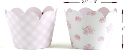 Pink Gingham and Pink Floral Cupcake Wrappers,Party Supplies,Baby Shower-36 Count