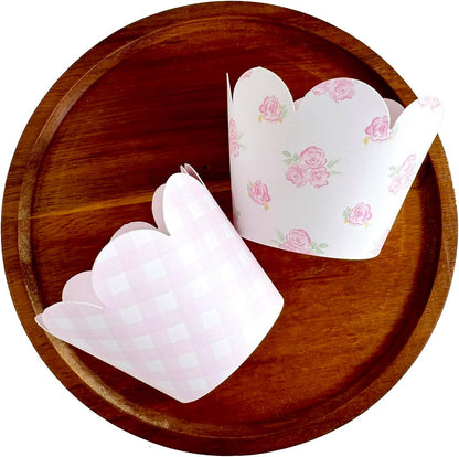 Pink Gingham and Pink Floral Cupcake Wrappers,Party Supplies,Baby Shower-36 Count