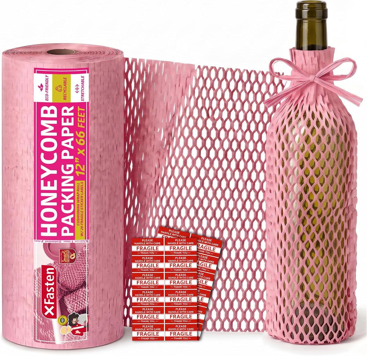 Pink Honeycomb Packing Paper for Moving 12-Inch x 66-Feet Bubble Honeycomb Wrap, Honeycomb Wrapping Paper for Packing Cushion with 20 Fragile Stickers Packing Supplies