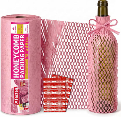 Pink Honeycomb Packing Paper for Moving 12-Inch x 66-Feet Bubble Honeycomb Wrap, Honeycomb Wrapping Paper for Packing Cushion with 20 Fragile Stickers Packing Supplies
