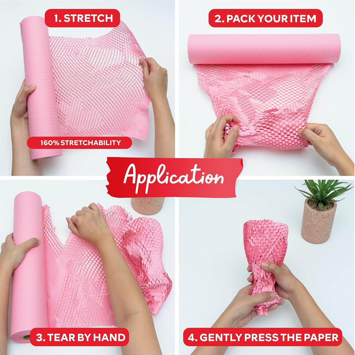 Pink Honeycomb Packing Paper for Moving 12-Inch x 66-Feet Bubble Honeycomb Wrap, Honeycomb Wrapping Paper for Packing Cushion with 20 Fragile Stickers Packing Supplies