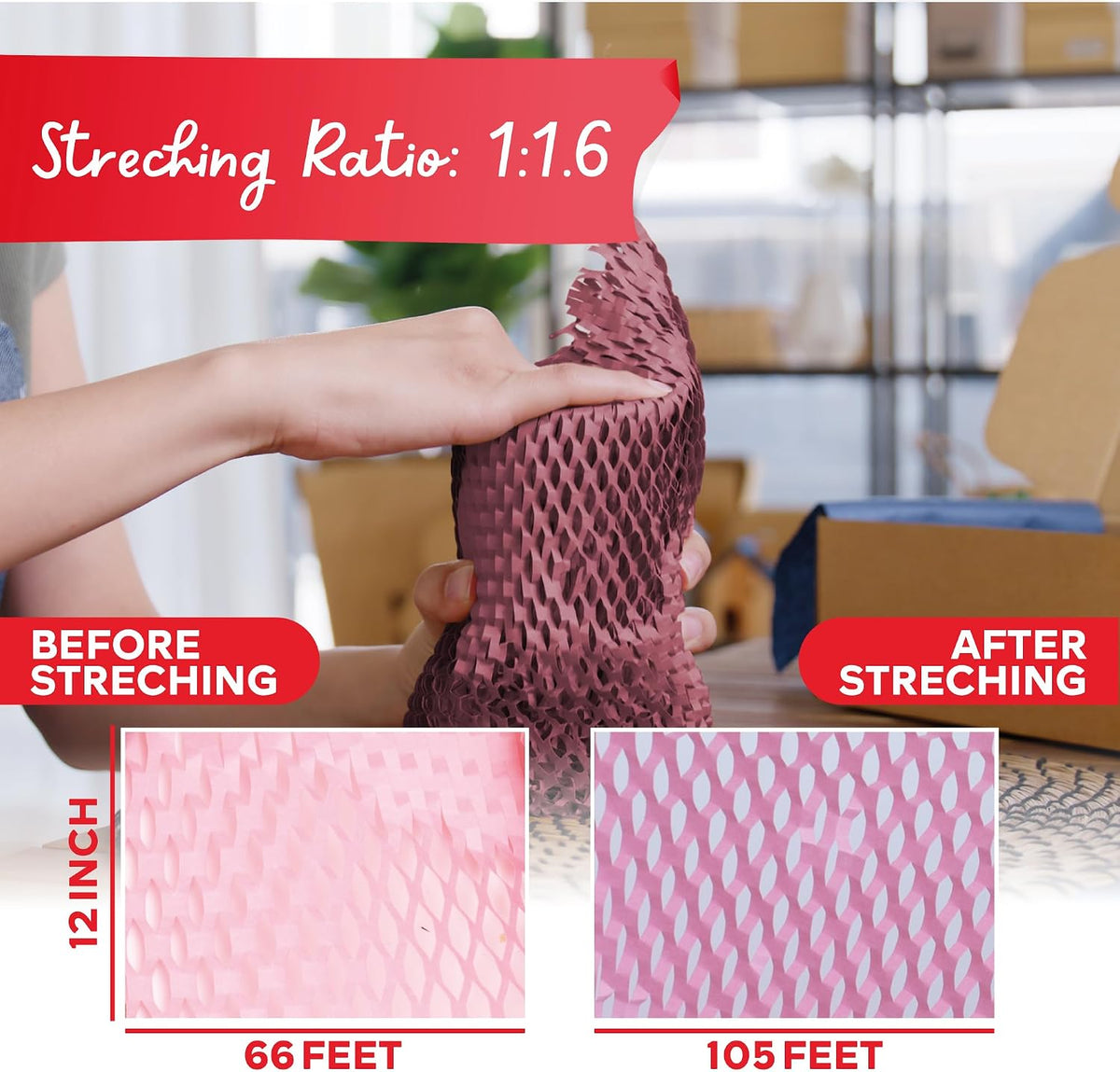 Pink Honeycomb Packing Paper for Moving 12-Inch x 66-Feet Bubble Honeycomb Wrap, Honeycomb Wrapping Paper for Packing Cushion with 20 Fragile Stickers Packing Supplies