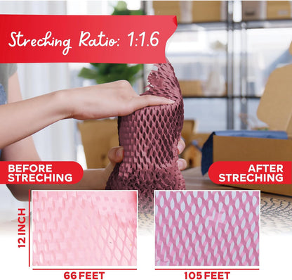 Pink Honeycomb Packing Paper for Moving 12-Inch x 66-Feet Bubble Honeycomb Wrap, Honeycomb Wrapping Paper for Packing Cushion with 20 Fragile Stickers Packing Supplies