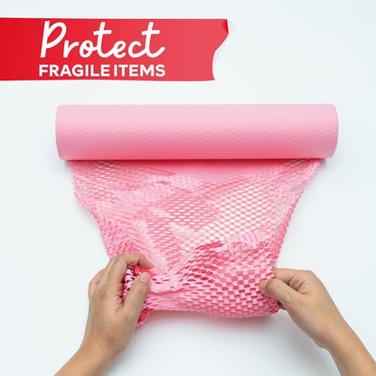 Pink Honeycomb Packing Paper for Moving 12-Inch x 66-Feet Bubble Honeycomb Wrap, Honeycomb Wrapping Paper for Packing Cushion with 20 Fragile Stickers Packing Supplies