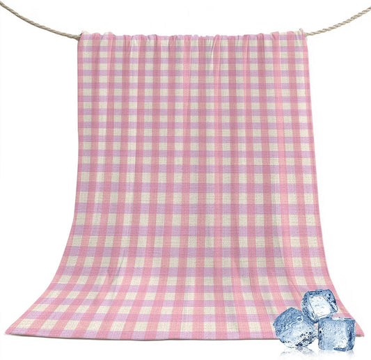 Cooling Blanket 50"x60", Pink Gingham on Linen Summer Cooling Blanket Breathable Lightweight Ice Blankets Modern Plaid Lattice Blankets for Night Sweats
