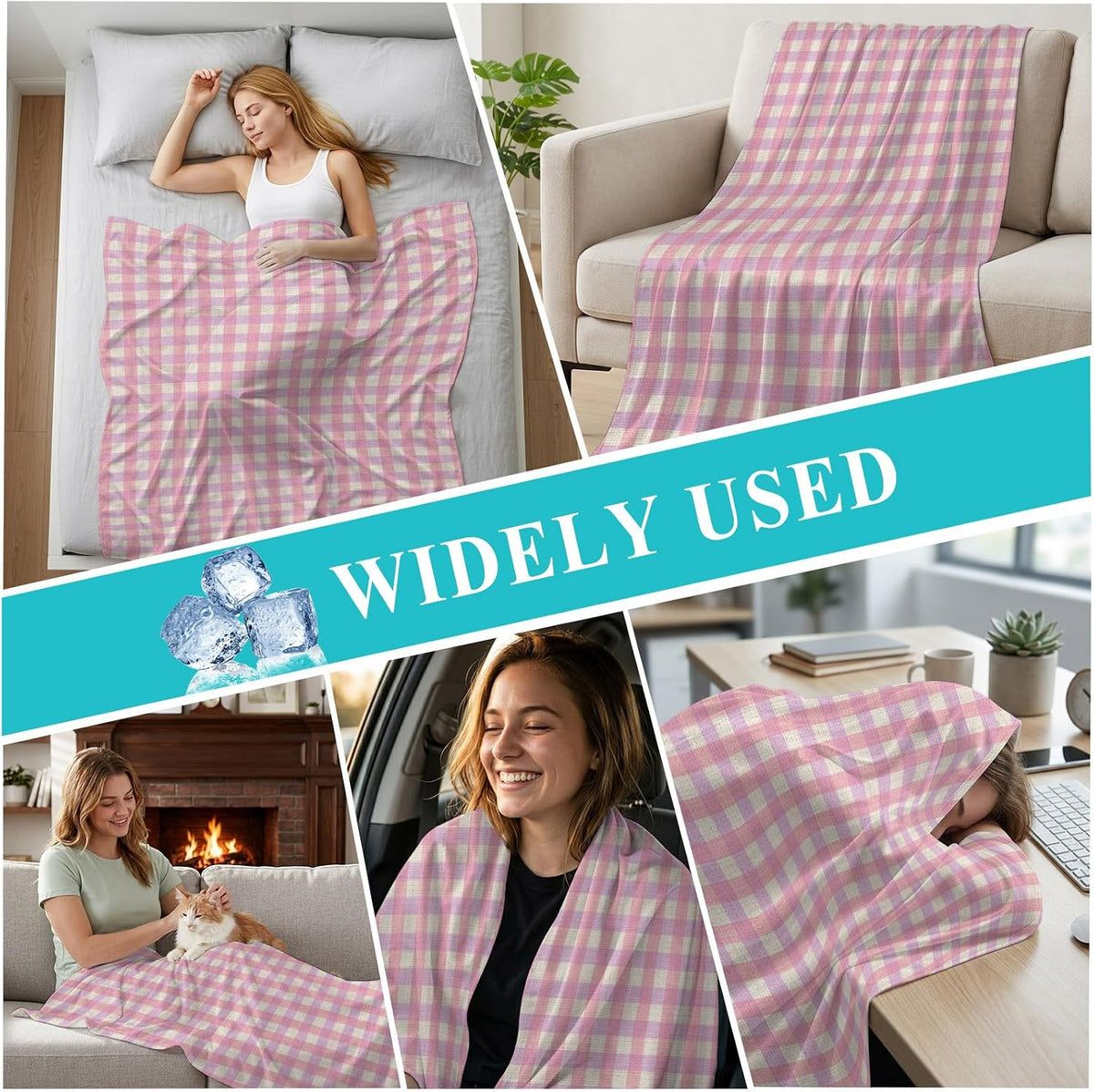 Cooling Blanket 50"x60", Pink Gingham on Linen Summer Cooling Blanket Breathable Lightweight Ice Blankets Modern Plaid Lattice Blankets for Night Sweats