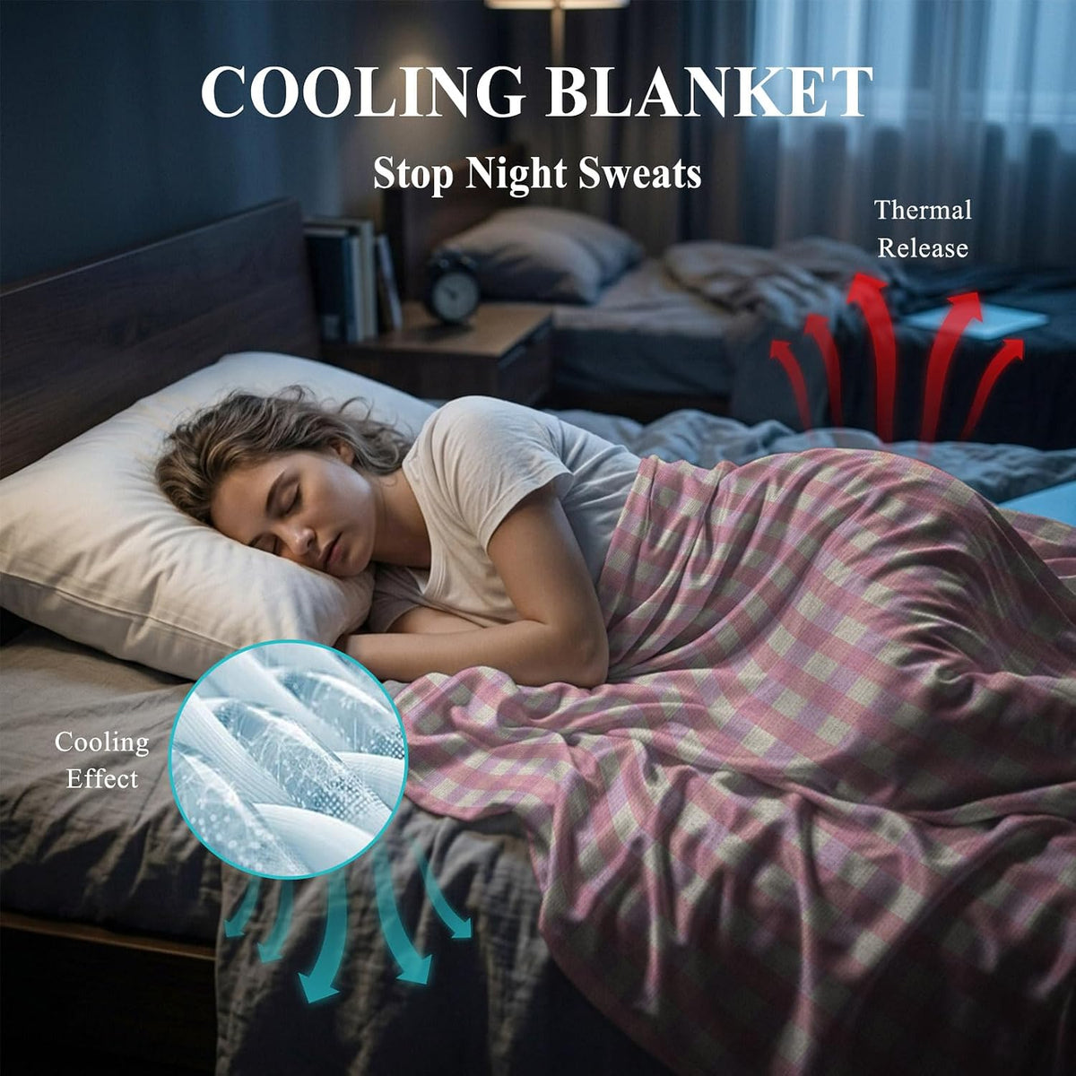 Cooling Blanket 50"x60", Pink Gingham on Linen Summer Cooling Blanket Breathable Lightweight Ice Blankets Modern Plaid Lattice Blankets for Night Sweats