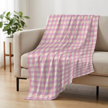Cooling Blanket 50"x60", Pink Gingham on Linen Summer Cooling Blanket Breathable Lightweight Ice Blankets Modern Plaid Lattice Blankets for Night Sweats