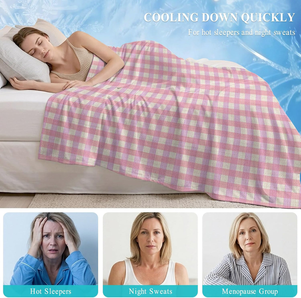 Cooling Blanket 50"x60", Pink Gingham on Linen Summer Cooling Blanket Breathable Lightweight Ice Blankets Modern Plaid Lattice Blankets for Night Sweats