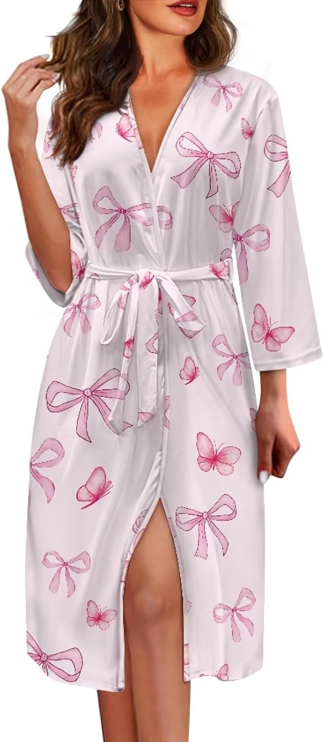 Stylish Kimono Robe with Belt Long Bathrobe Lightweight Sleepwear Bachelorette Robe