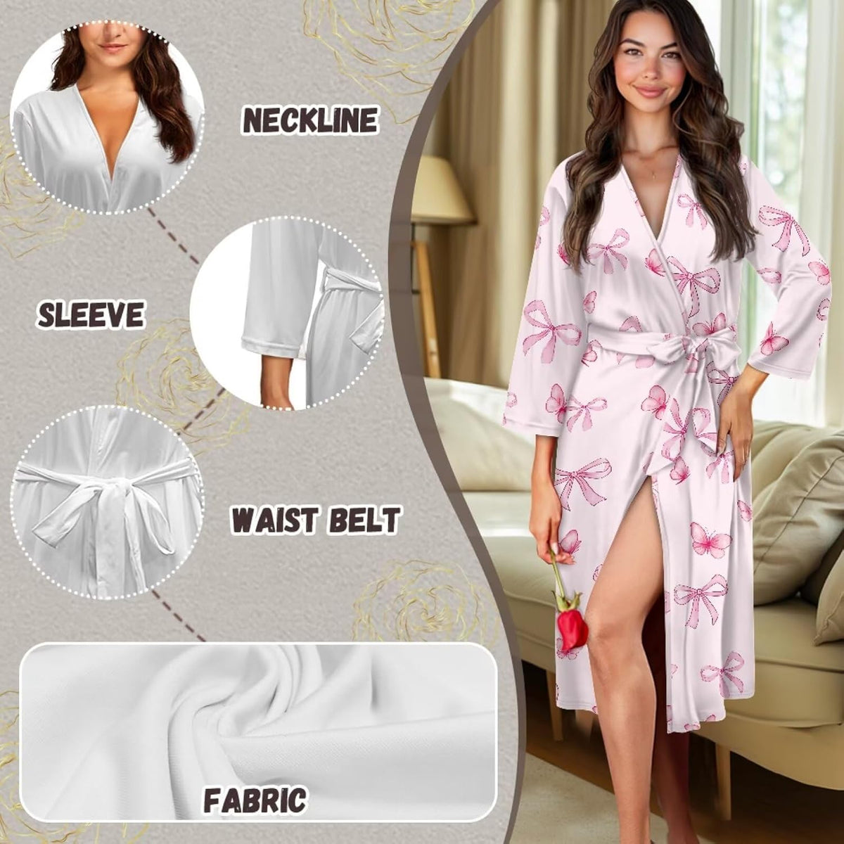 Stylish Kimono Robe with Belt Long Bathrobe Lightweight Sleepwear Bachelorette Robe