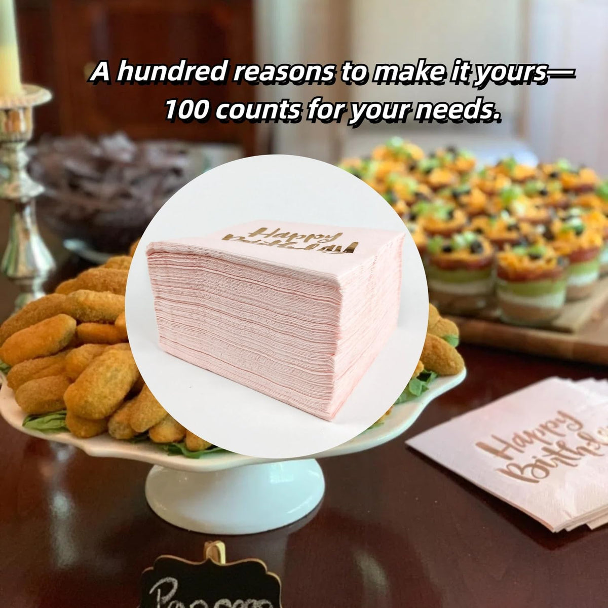 Pink Happy Birthday Cocktail Napkins 100Counts 3ply /5'' Disposable Rose Gold Foil Paper Napkins Perfect for Mother Girls Happy Birthday Party