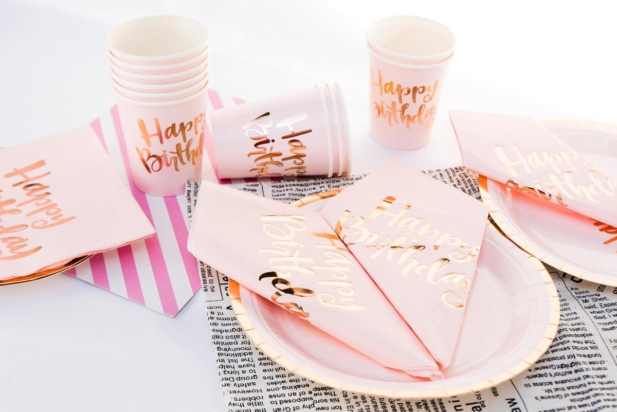 Pink Happy Birthday Cocktail Napkins 100Counts 3ply /5'' Disposable Rose Gold Foil Paper Napkins Perfect for Mother Girls Happy Birthday Party