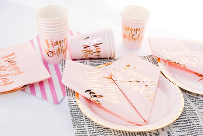 Pink Happy Birthday Cocktail Napkins 100Counts 3ply /5'' Disposable Rose Gold Foil Paper Napkins Perfect for Mother Girls Happy Birthday Party