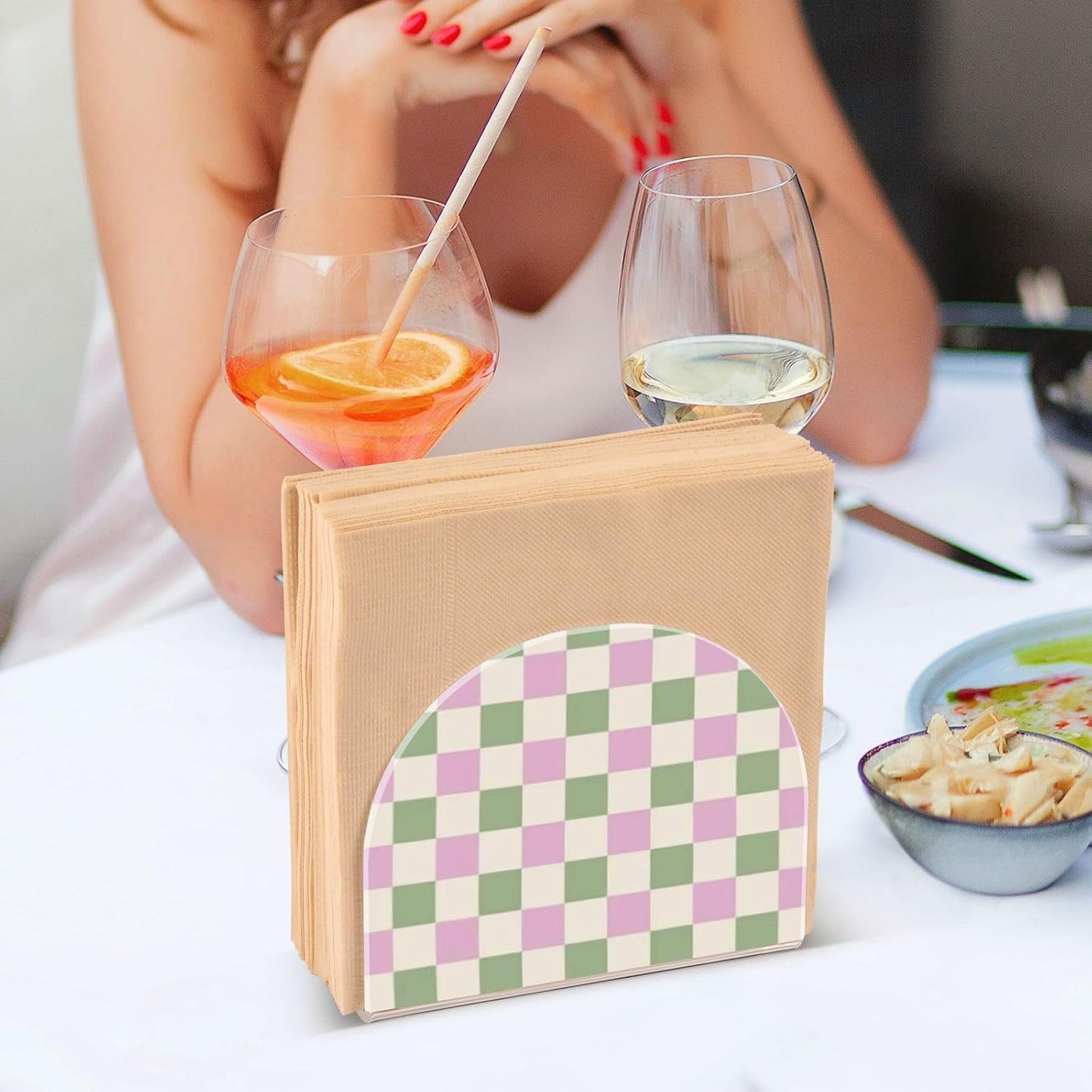 Peach-Green Check Acrylic Sunflower Napkin Holder for Farmhouse Cocktail freestanding Napkin Holders for Paper Home Decor for Table, Kitchen