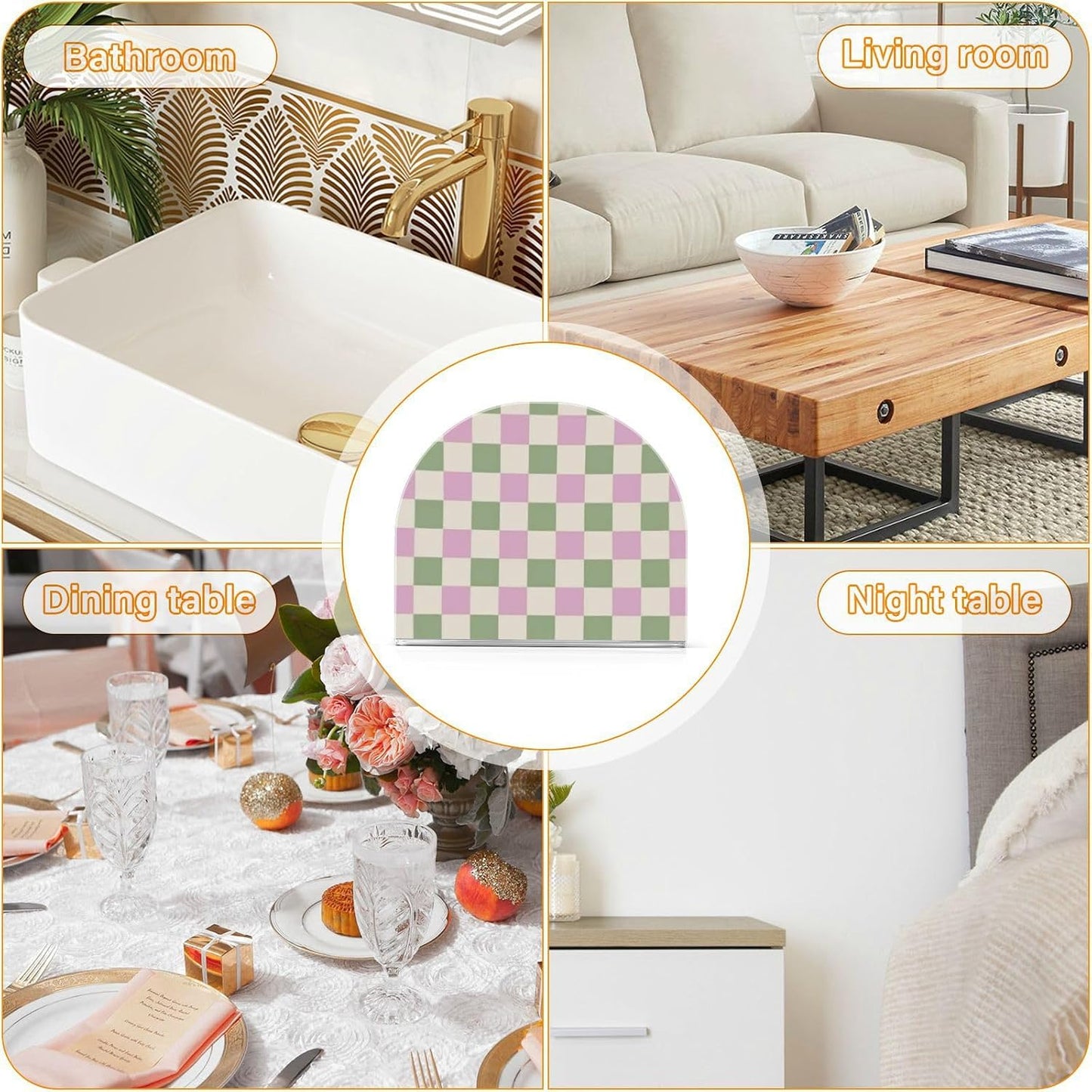 Peach-Green Check Acrylic Sunflower Napkin Holder for Farmhouse Cocktail freestanding Napkin Holders for Paper Home Decor for Table, Kitchen