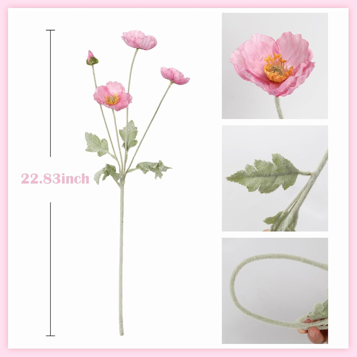 Poppy Flowers Artificial,8PCS Pink Silk Poppies Flowers 22.8" Faux Poppies with Stems for Wedding Party Table Centerpiece Home Decor(Pink)